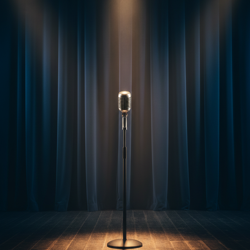 An elegantly lit performance stage captured without performers, featuring a single vintage-style microphone on a slim black stand at center. Behind it, a subtle curtain of deep navy velvet falls in soft, vertical folds, while a polished wooden stage floor reflects faint highlights. Overhead spotlights create a gentle pool of warm, golden light around the mic stand, fading into cooler shadows at the edges of the frame. Haze in the air adds a faint, cinematic glow to the beams. Photographic realism emphasizes the textures of metal, wood, and fabric. Shot from the audience’s perspective at eye level, with centered composition and moderate depth of field, the mood is anticipatory and professional, ideal for a live performance or bookings page.