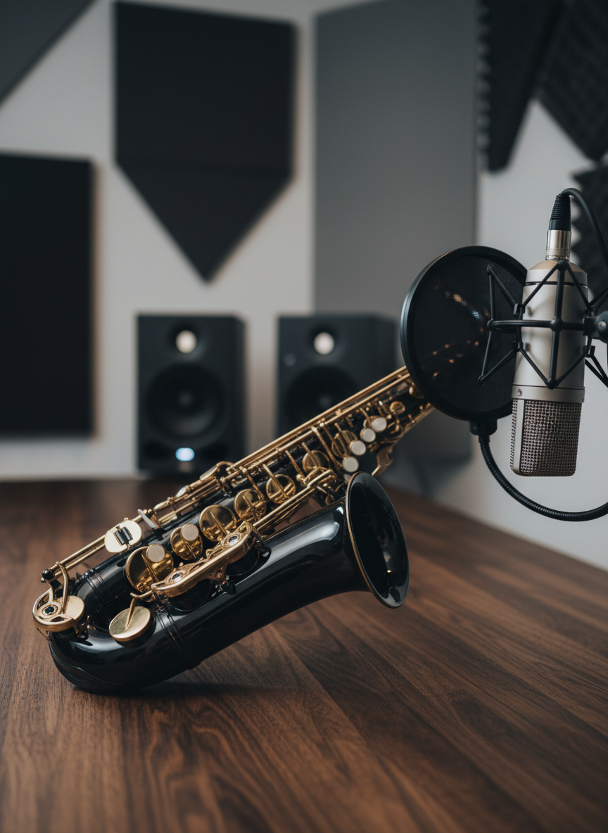 A glossy black alto saxophone resting diagonally across a dark oak studio desk, its polished brass keys and intricate mechanisms catching subtle highlights. Beside it, a high-end condenser microphone on a shock mount hovers in the foreground, with a pop filter partially in frame. The background shows softly blurred studio monitors and an acoustic foam wall, all in neutral grays and deep charcoals. Cool, diffused studio lighting from above and a gentle side light create a professional, cinematic atmosphere. Shot at eye level with a shallow depth of field, the focus is crisp on the saxophone bell and microphone grille, emphasizing a clean, modern, photographic realism suited to a music portfolio homepage.